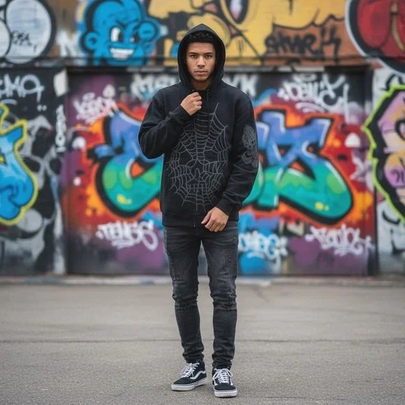 Lurking Class Men's Medium Gothic Streetwear Black Spider Web Graphic Zip Hoodie - Picture 3 of 16